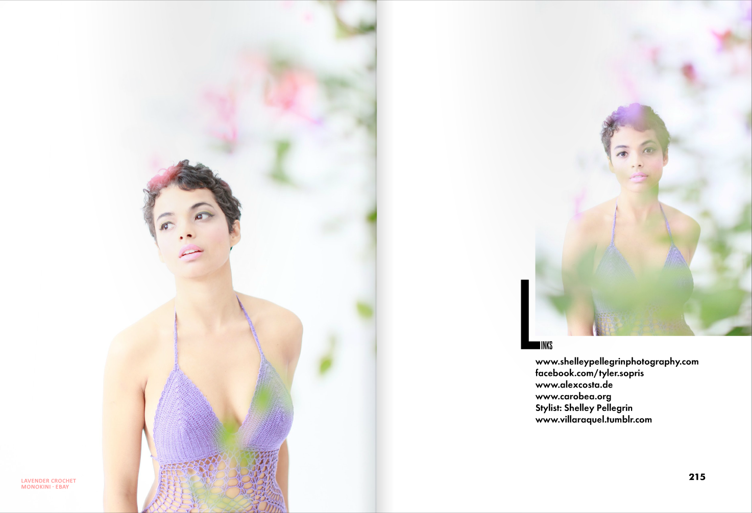 magazine layout photos of fashion model actress in a lavendar monokini